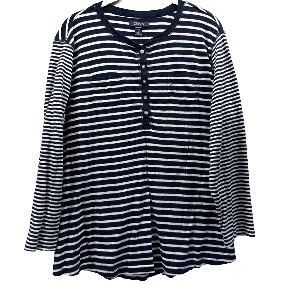Chaps Women's Top Size XL Blue White Mixed Stripes Button Long Sleeve Pullover